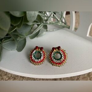 Wreath enameled rhinestone earrings Christmas holiday winter vintage circle